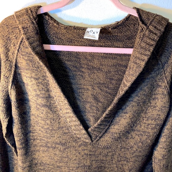 Roxy Brown Hooded V Neck Sweater Size Large - Picture 4 of 10